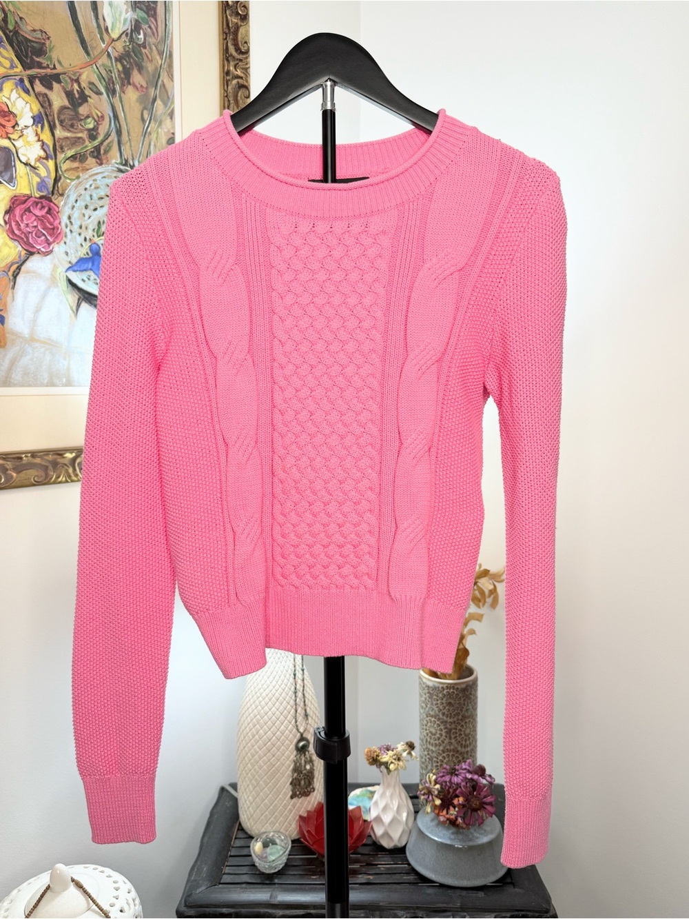 Banana Republic XS Pink Cable Knit Sweater Crewneck Long Sleeve Preppy